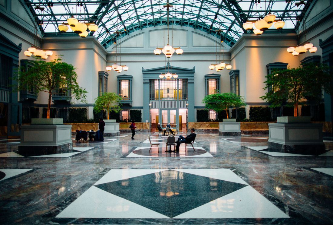 The grand atrium lobby of a hotel