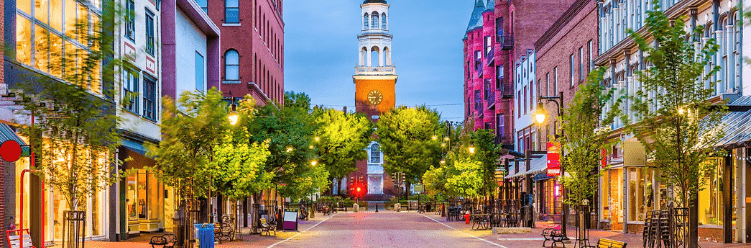 A brick-paved pedestrian street lined with shops and trees, leading to a clock tower at dusk.