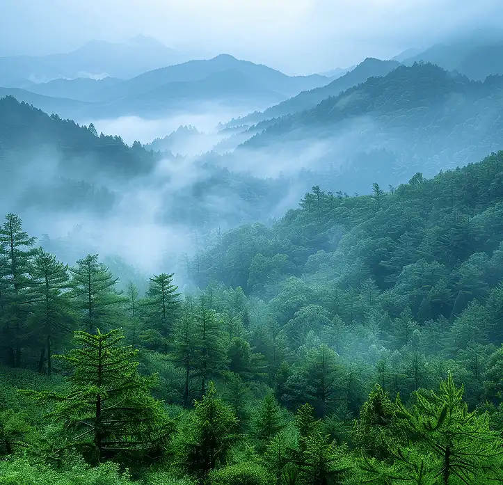 Fog drifts over green, tree-covered mountains under a misty blue sky.