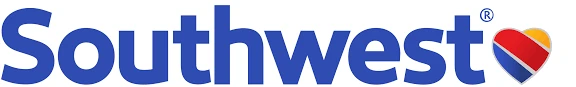 Southwest logo in blue letters with a heart in red, yellow, and blue on the right side.