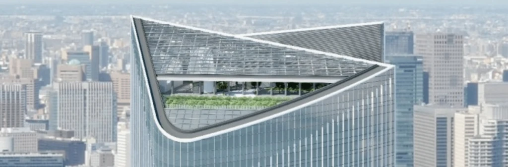 Modern skyscraper with a glass rooftop garden and cityscape in the background.
