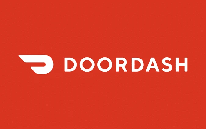 DoorDash logo with white text and symbol on solid red, perfect for your next DoorDash gift card.