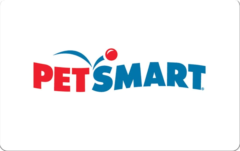 PetSmart logo with a red and blue font and a red ball bouncing over the letter S.