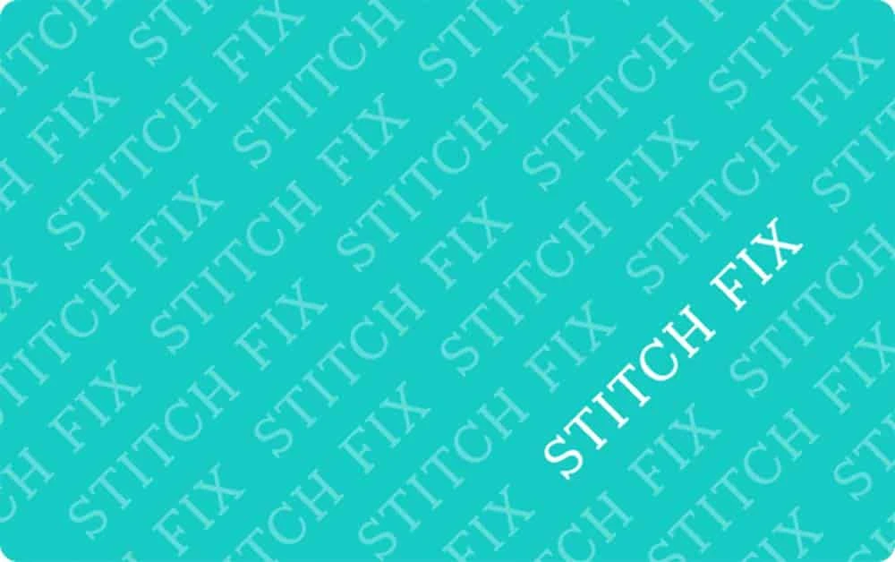 Teal card with repeated diagonal white “STITCH FIX” text pattern; one “STITCH FIX” is bold and larger.
