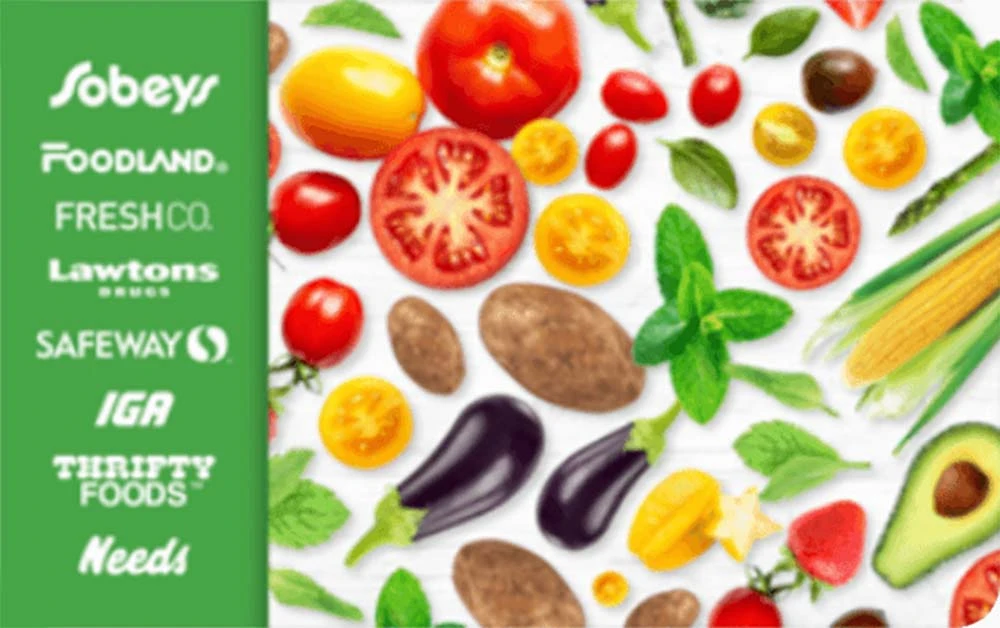 Assorted fresh vegetables and fruits with grocery store logos listed on a green panel on the left side.