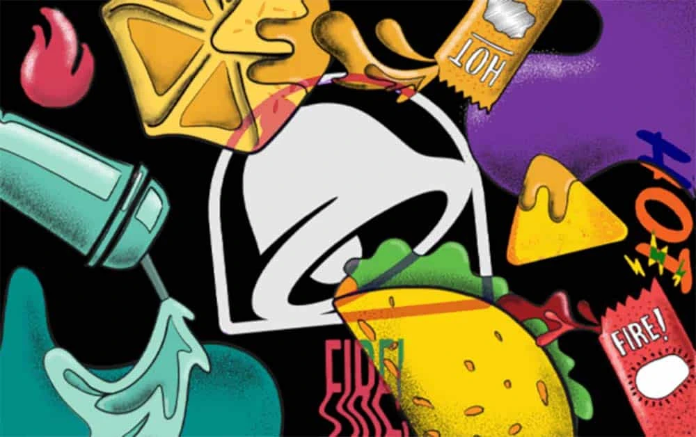 Colorful Taco Bell-themed collage with tacos, sauces, and nachos around the Taco Bell logo on a black background.