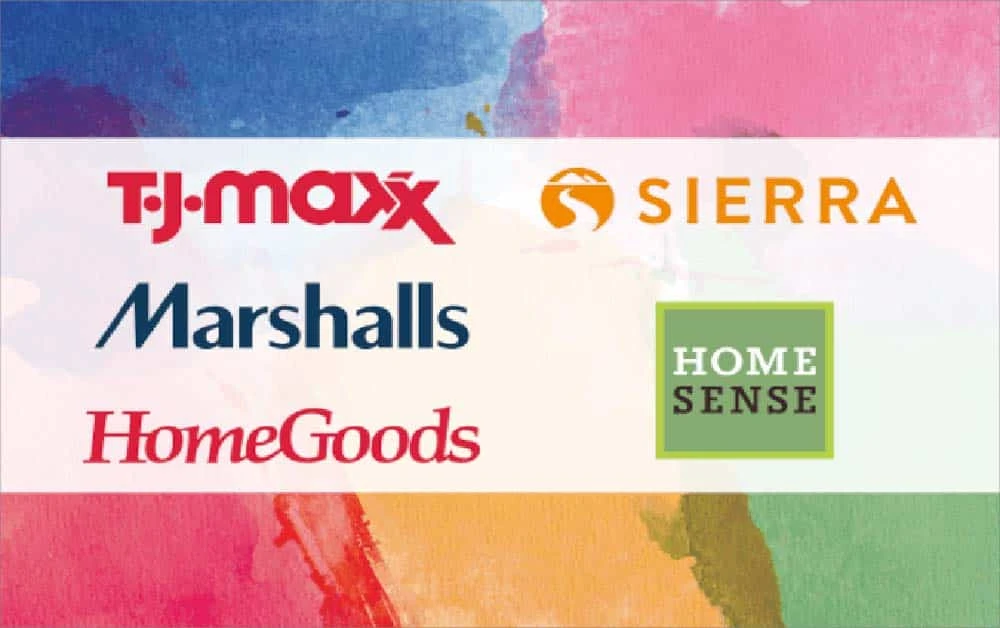 Logos for T.J.Maxx, Sierra, Marshalls, HomeGoods, and HomeSense on a colorful background.