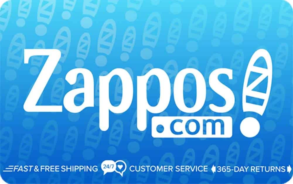 Zappos.com logo on a blue background with icons, highlighting shipping, customer service, and returns.