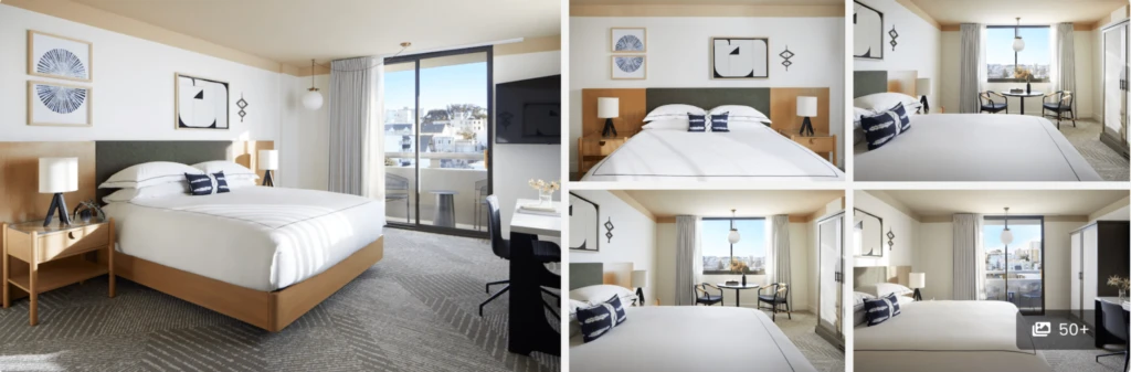 Modern hotel room with king bed, artwork, balcony, desk, and large windows with city views, shown from multiple angles.