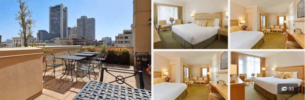 Collage of a city-view terrace with outdoor seating and a hotel room with a large bed and modern furnishings.