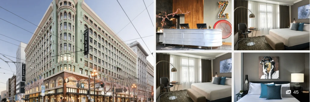 Collage of a historic hotel exterior, modern lobby desk, and stylish guest rooms with large windows.