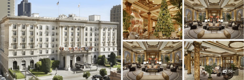 Collage of Fairmont San Francisco hotel exterior and its ornate, elegant lobby decorated for the holidays.