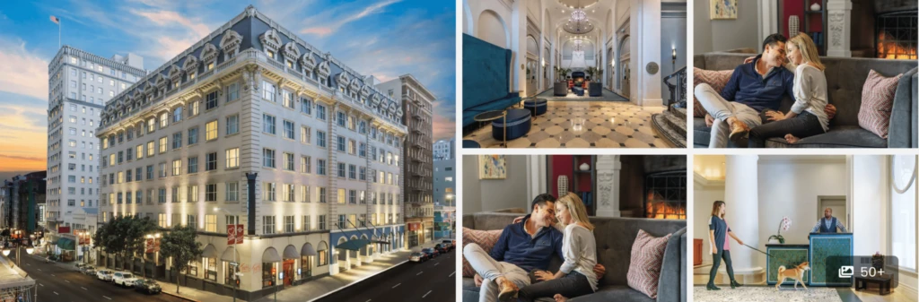 Collage of a grand hotel exterior, elegant lobby, and a couple relaxing together on a couch in the hotel.