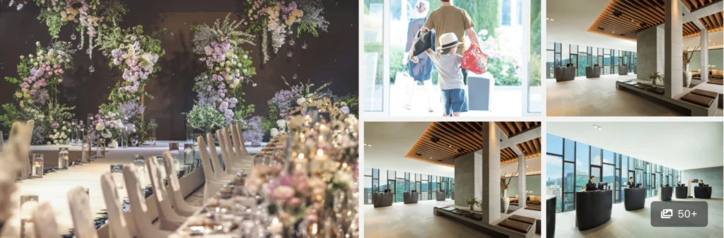 Left: Elegant wedding setup with floral arch. Right: Modern lounge with seating and large windows.