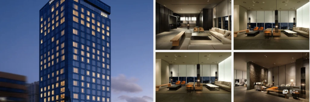 A tall modern hotel at dusk and four images of its stylish, minimalist lobby with neutral colors.