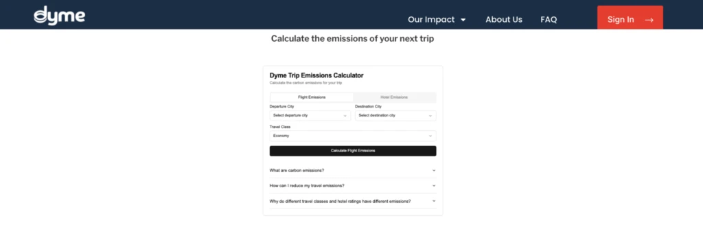 Screenshot of Dyme’s trip emissions calculator webpage with flight details entry fields and a calculate button.