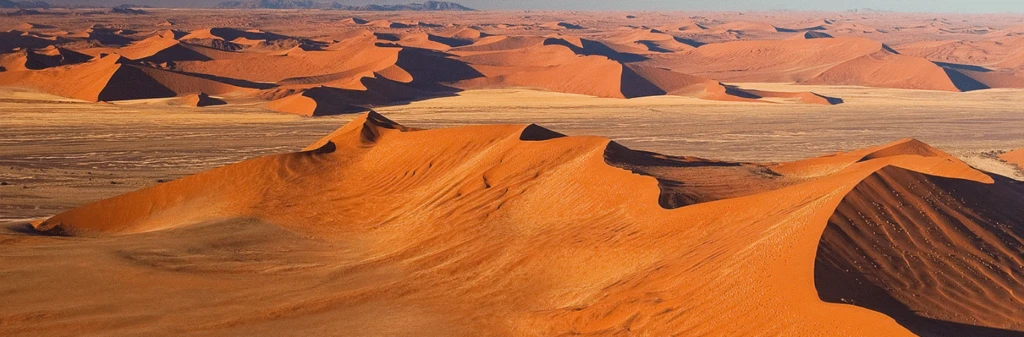Vast desert landscape with rolling orange sand dunes under a clear sky.