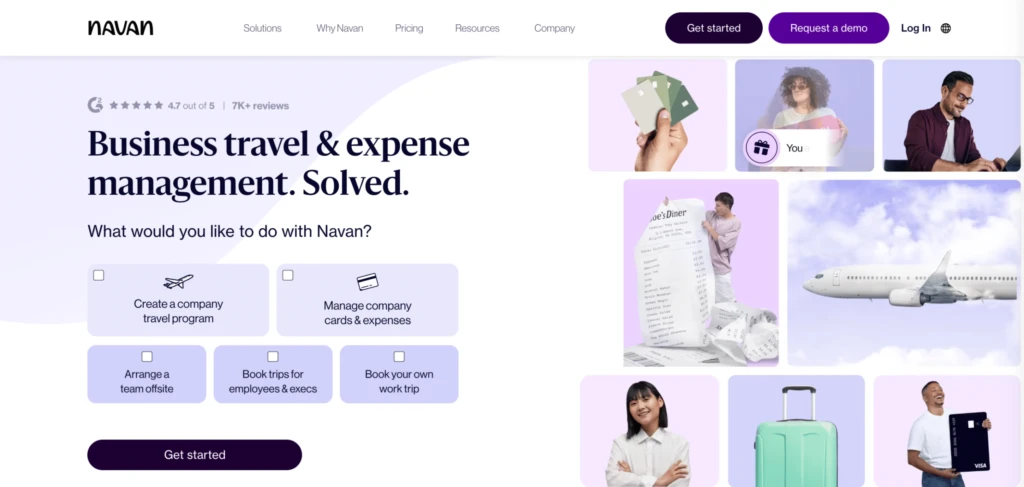 Navan website homepage showing business travel solutions, service icons, and people using travel-related products.