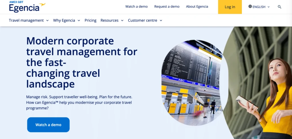 Egencia website page with travel management text, an airport scene, and a woman holding a smartphone.