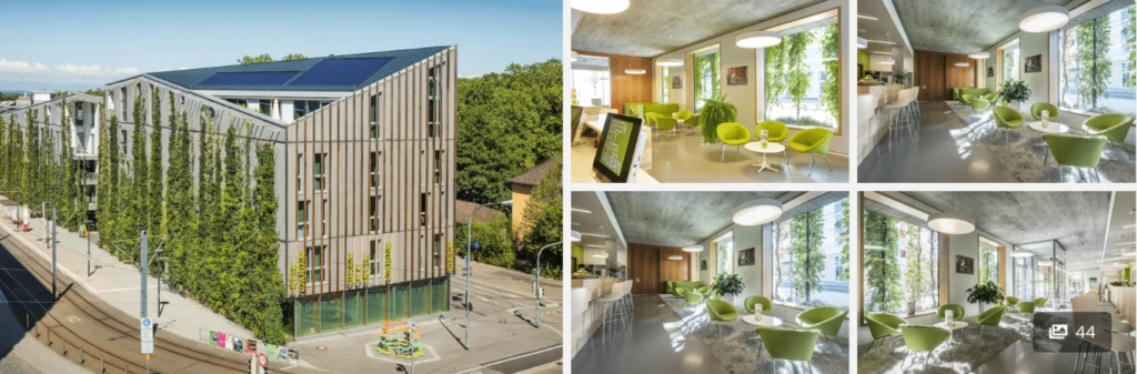 Modern building exterior with solar panels and bright, green-themed interior lounge areas with large windows.