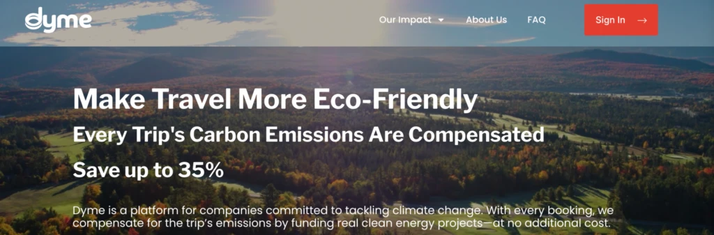 A website banner promoting eco-friendly travel with carbon emissions compensation and up to 35% savings.