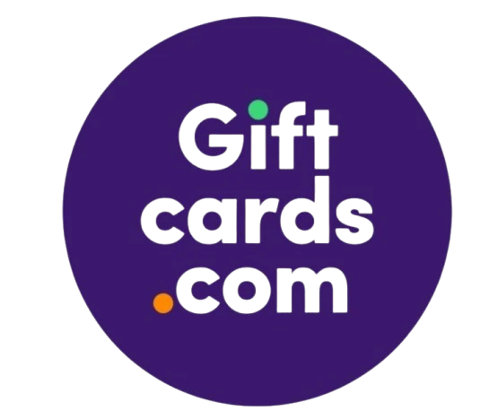 Giftcards.com logo with black text on a purple circular background, featuring green and orange dots.