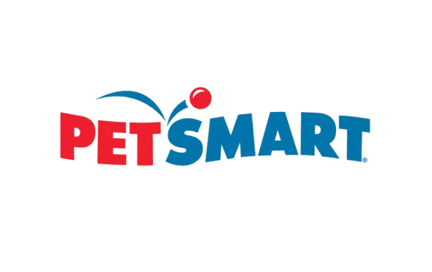 PetSmart logo with PET in red, SMART in blue, and a red ball bouncing over the letter S.
