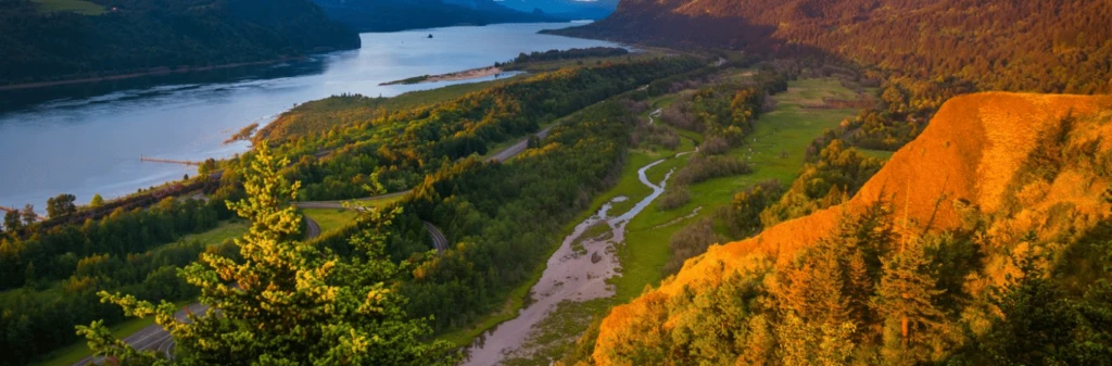 River winding through lush green valley with hills and sunlit cliffs under a clear sky.