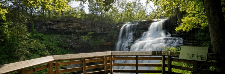 A wooden observation deck overlooks a lush green forest and a wide, cascading waterfall in daylight.