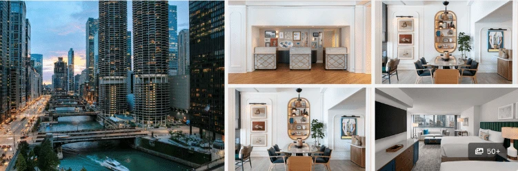 Collage of a cityscape, hotel lobby, dining area, and two modern hotel rooms with stylish decor.
