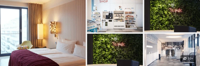 A modern hotel room, a small shop, two green plant walls, and a bright hotel lobby area.