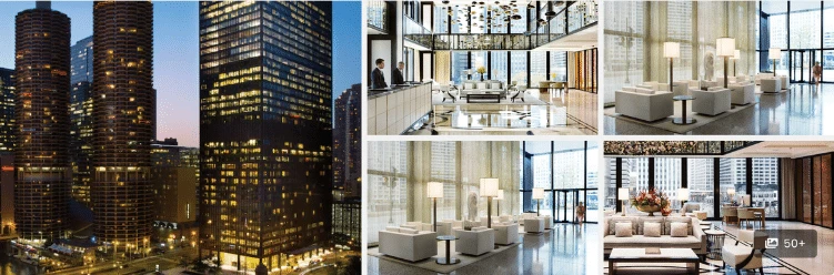 Collage of modern high-rise buildings and elegant, brightly lit hotel lobby interiors with floor-to-ceiling windows.