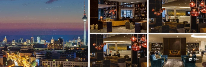 Berlin skyline at dusk on the left; modern hotel interiors with lounge areas on the right.