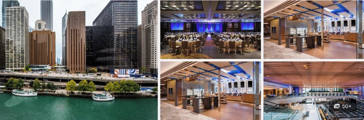 Collage of a riverside city skyline and four modern indoor event and dining spaces with tables and seating.