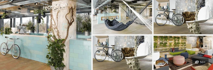Modern office space with bikes, hammocks, pastel tiles, lounge seating, and green plant walls.