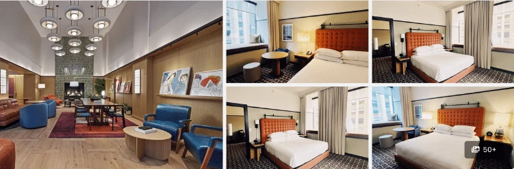 Collage of modern hotel interiors with a lounge area and cozy bedrooms featuring orange headboards.