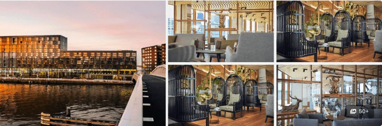 Modern waterfront hotels in Amsterdam at sunset, with stylish lobbies and cozy, contemporary seating areas.