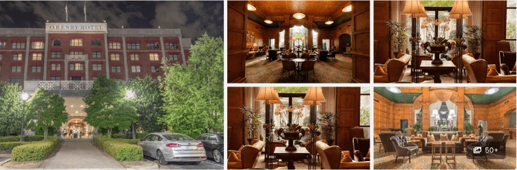 Exterior view of a hotel at night and elegant, warmly lit lounge areas with classic decor inside.