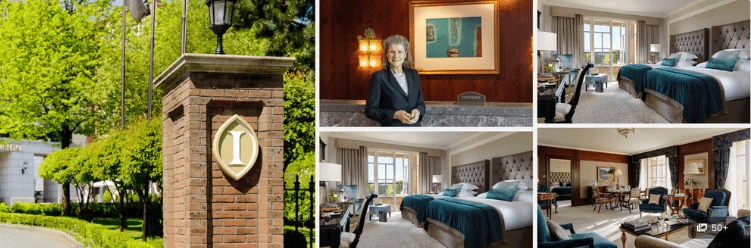 Collage of a hotel exterior, reception desk, elegant bedrooms, and a spacious suite with seating area.