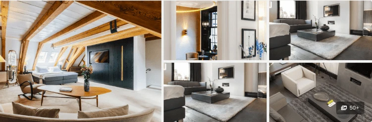 Modern loft apartment with exposed beams, cozy seating, and decor inspired by top hotels in Amsterdam.