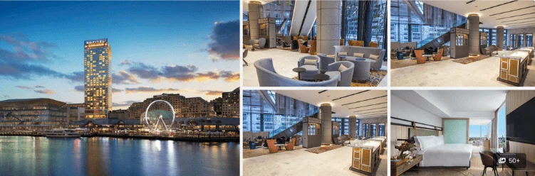 Collage of a waterfront Hotels in Sydney exterior at dusk and modern, elegant interior and bedroom views.