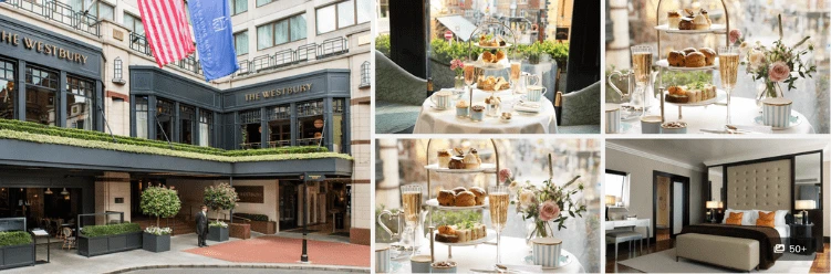 Collage of The Westbury hotel exterior, elegant afternoon tea setup, and a modern hotel room interior.