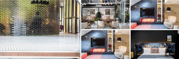 Collage of modern hotel interiors, featuring a lobby, lounge, cozy seating, TV, fireplace, and a stylish bedroom.