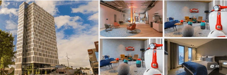 Modern high-rise exterior with stylish, colorful hotel interiors inspired by vibrant Amsterdam design.
