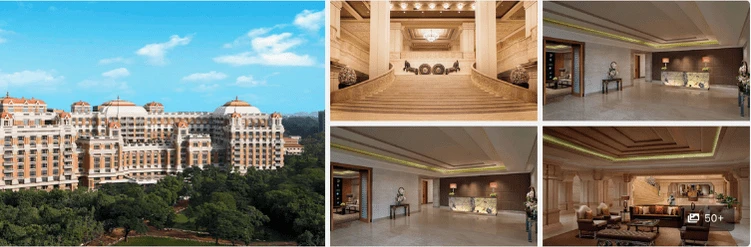 Exterior view and elegant interiors of a large luxury hotel with classic architecture and lavish decor.
