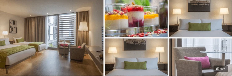 Collage of a modern hotel room, comfy beds, armchair, and colorful layered desserts in glasses.