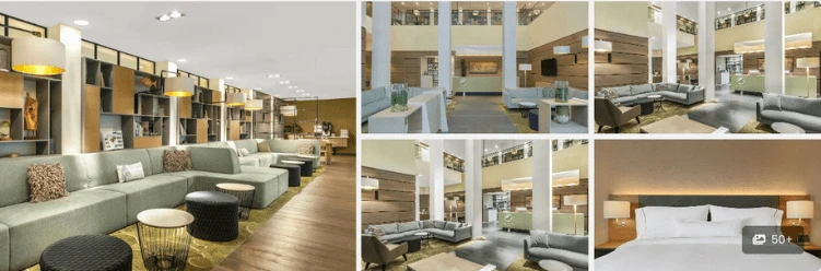 Stylish Amsterdam hotel interiors: modern seating areas and a neatly made bed in a cozy room.