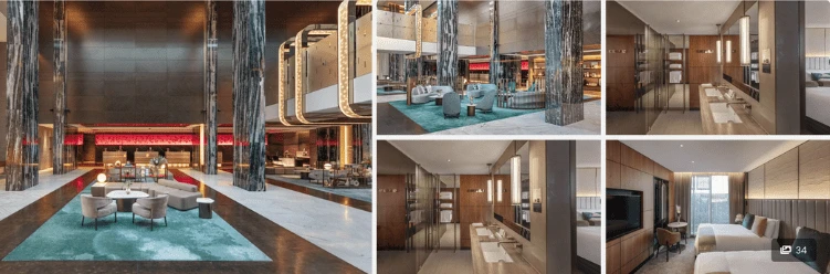 Collage of a modern hotel’s spacious lobby, lounge area, and two contemporary guest rooms with twin beds.