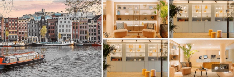Experience charming canal boats and unwind in stylish Amsterdam hotels with cozy, modern lobbies and warm lighting.