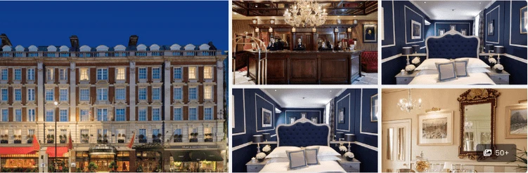 Exterior and interior views of a classic, elegant hotel with blue-themed bedrooms and ornate decor.